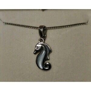 Seahorse Mother Of Pearl Diamond Necklace 18" Silver Box‎ Chain